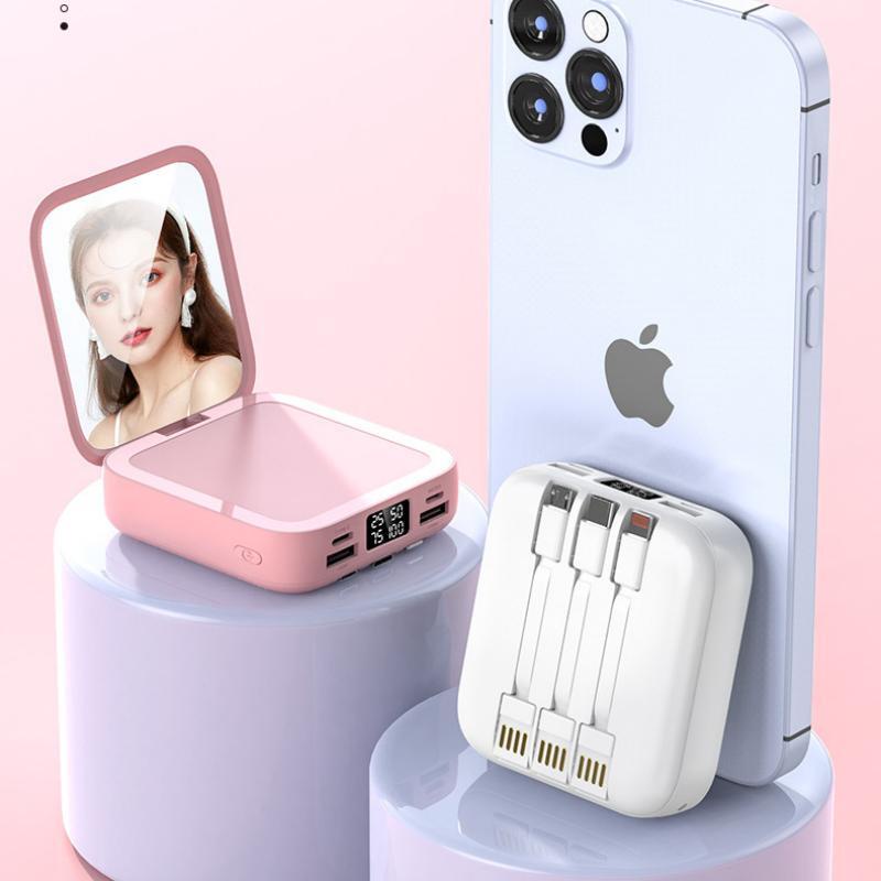 Powerbank 20000mAh Kapasitas Besar Powerbank Built in 3 Cables Fast Charging Portable Power Bank Make-up Mirror