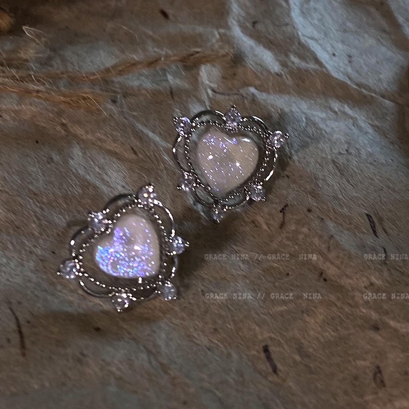 Anting Tusuk Silver Y2k Desain Hati Hias Opal Gaya Vintage Untuk Wanita