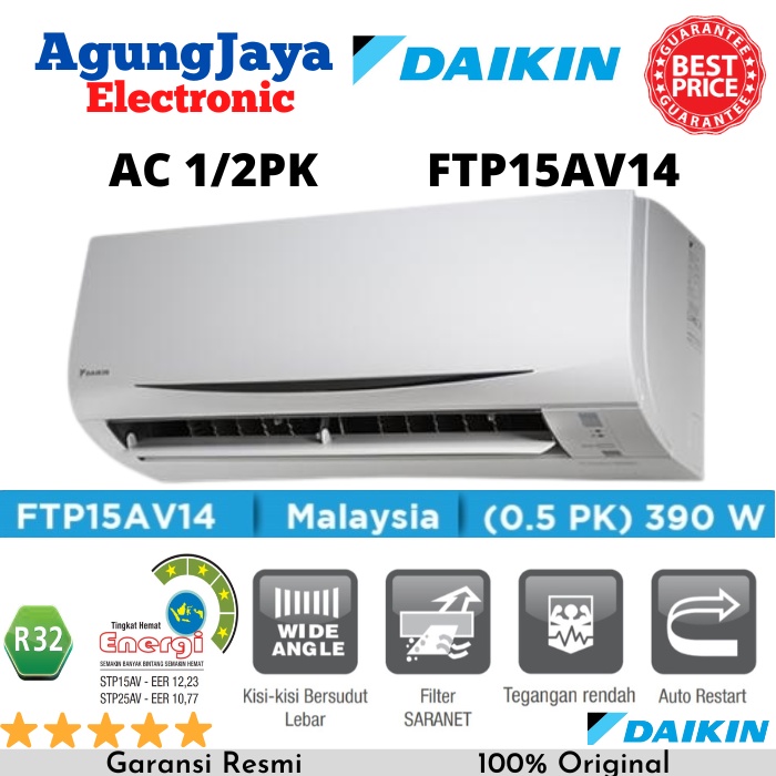 PROMO AC DAIKIN 0.5 PK FTP-15AV14 STANDARD MALAYSIA BREEZE R32 LOW WATT 1/2PK (CILEGON-SERANG)