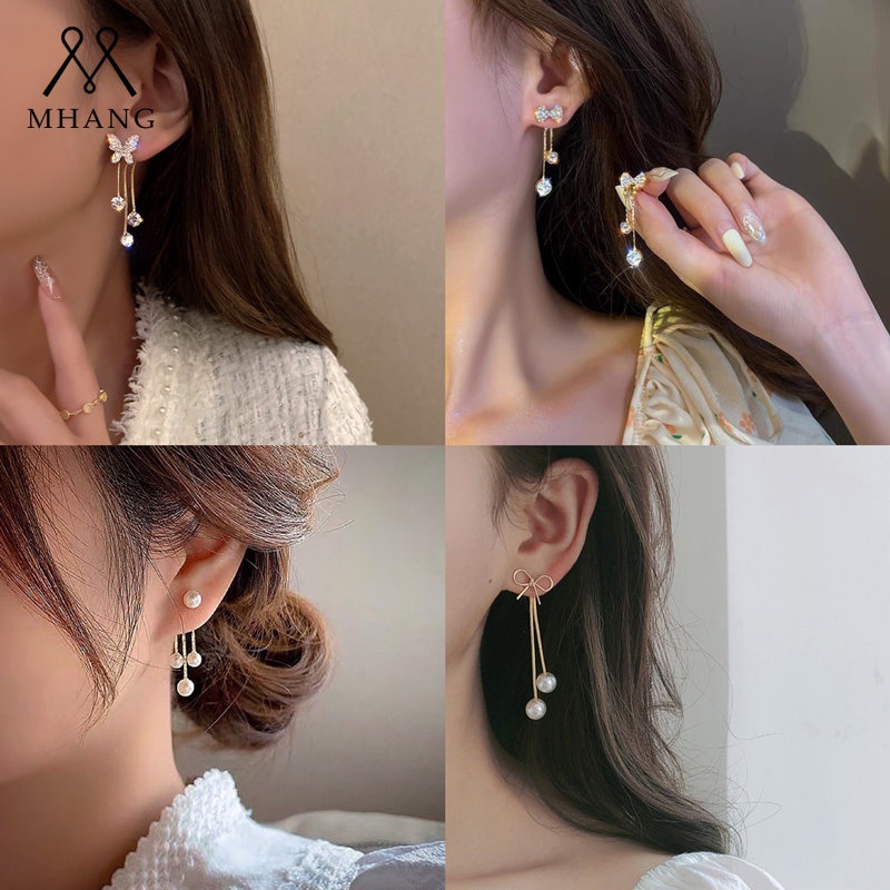 Mhang Anting Gantung Panjang Tusuk Gaya Korea Motif Kupu-Kupu + Bintang + Berlian + Mutiara Untuk Perhiasan Wanita