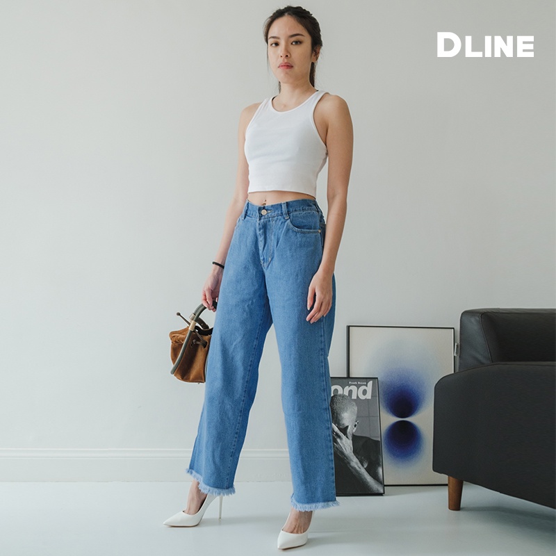 DLINE Celana Kulot Jeans Rawis Panjang Bigsize Jumbo Unfinished Denim Wanita Lebar Maisie Biru Muda