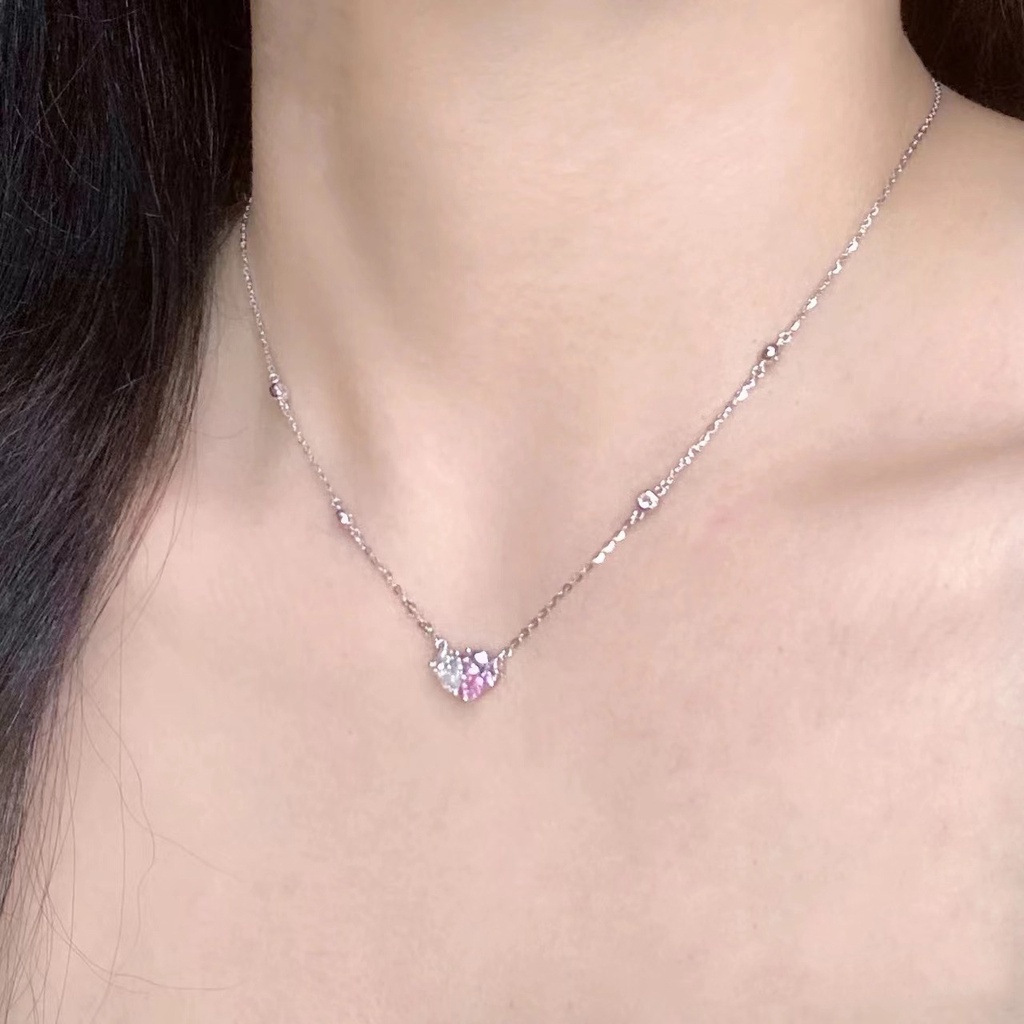 Pandora Kalung 925 Silver Dengan Liontin Hati Warna Pink Dan Putih Untuk Wanita