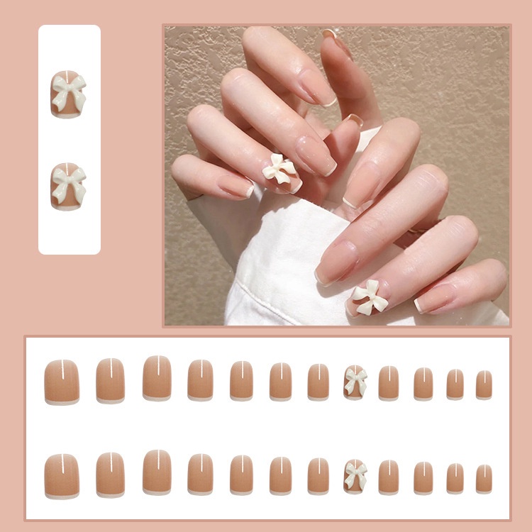 24pcs / set Kuku Palsu French Nail Art 3D DIY Dengan Hiasan Berlian Imitasi