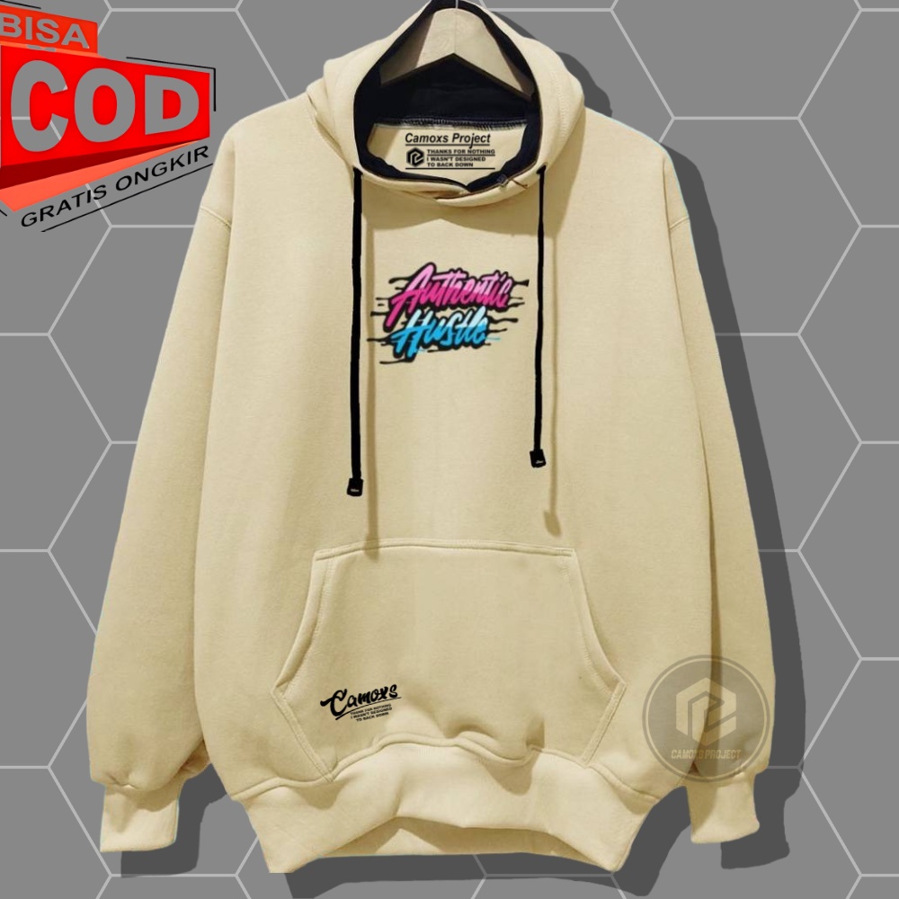 Hodie pria distro warna cream sablon authetntic hustle Sweater pria distro keren Camoxs Hoodie pria distro aesthetic graffity simple Jaket pria