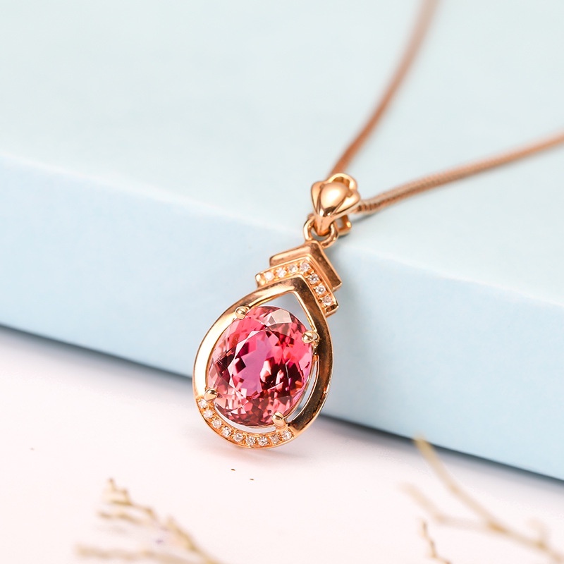 Goldkingdom Fashion Perhiasan 24 K Bangkok Aksesoris Ready Stock Brasil Merah Tourmaline Liontin 18 K Rose Gold Kalung Perempuan Permata Emas Asli Kadar 375 Berlian