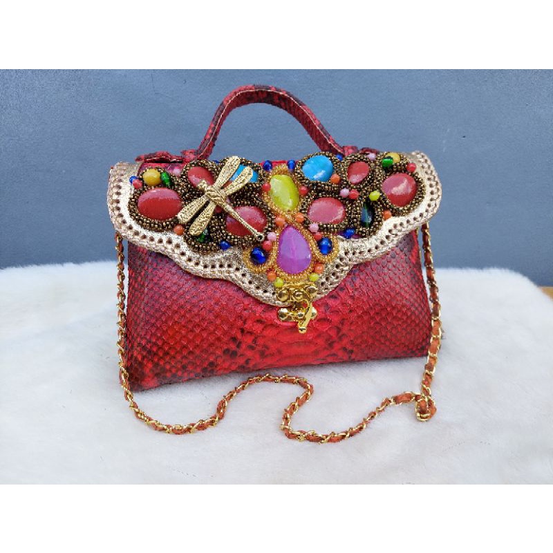 Clutch pesta maia size s warna merah- clutch model awan asli tas kulit ular phyton - tas pesta kulit