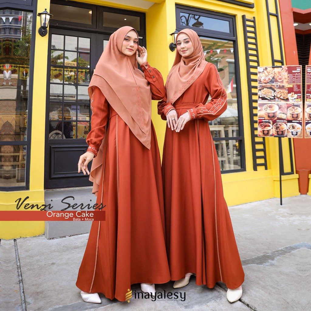 GAMIS SET KHIMAR VENZI SERIES ORANGE CAKE ORIGINAL INAYA INAYALESY FASHION DRESS BAJU BUSANA MUSLIM 