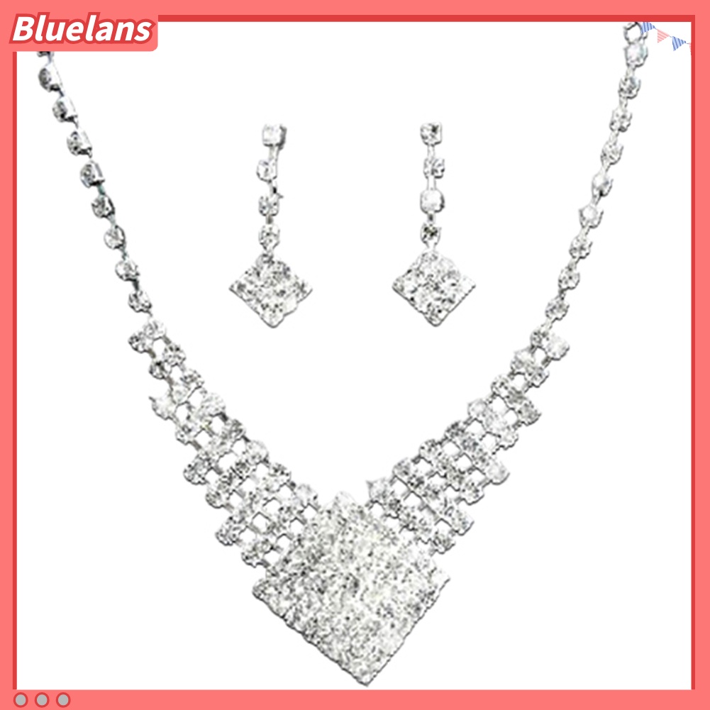 Bluelans Lady White Gold Plated Rhinestone Bridal Wedding Pendant Necklace Earrings Set