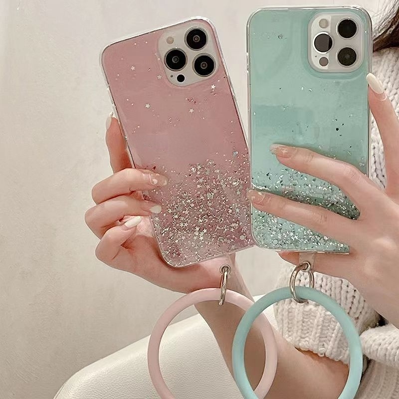 Soft Case Bahan TPU Motif Marmer Glitter Dengan Gelang Untuk iPhone 14 Pro Max 13 Pro Max 11 Pro Max XR X XS Max 7 8 Plus SE 2020