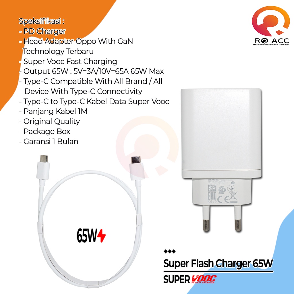 [RO ACC] CHARGER OPPO FAST CHARGING SUPER VOOC GAN 65W TYPE C TO TYPE C ORI