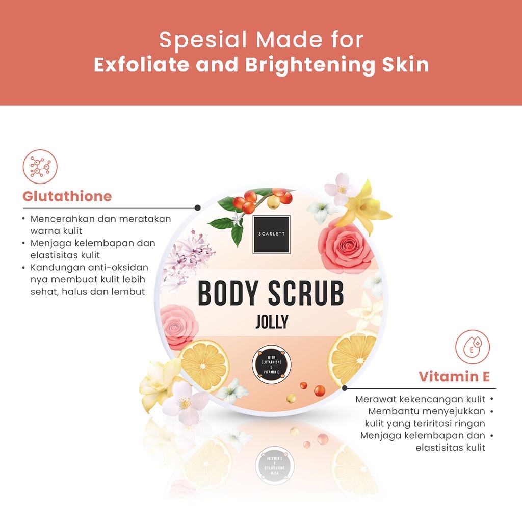 SCARLETT Whitening Jolly Series Indonesia / Body Care / Perawatan Kulit Tubuh / Scrub Brightening Shower Scrub Serum Cerathione Hyalu Fragrance Cream Hyalu Sheamide Lotion 250ml 300ml / Sabun Mandi Moisturizer Pelembab / Skincare Package Paket Lengkap Set