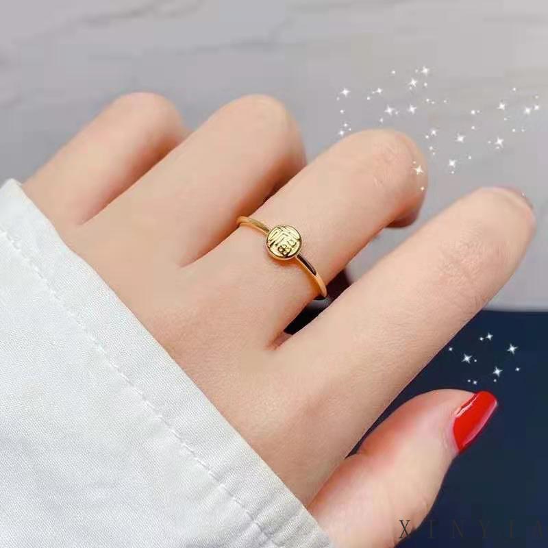 【Bayar di tempat】Cincin Bahan Titanium Steel 18K Gold Gaya China Retro Untuk Wanita