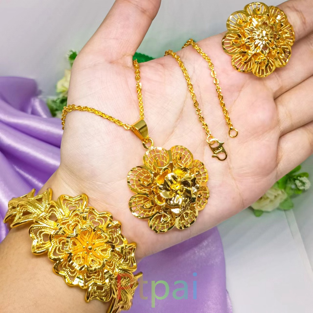 satu set gelang kendari+kalung+cincin gold 24K perhiasan hadiah bunga fashion dubai xuping terbaru
