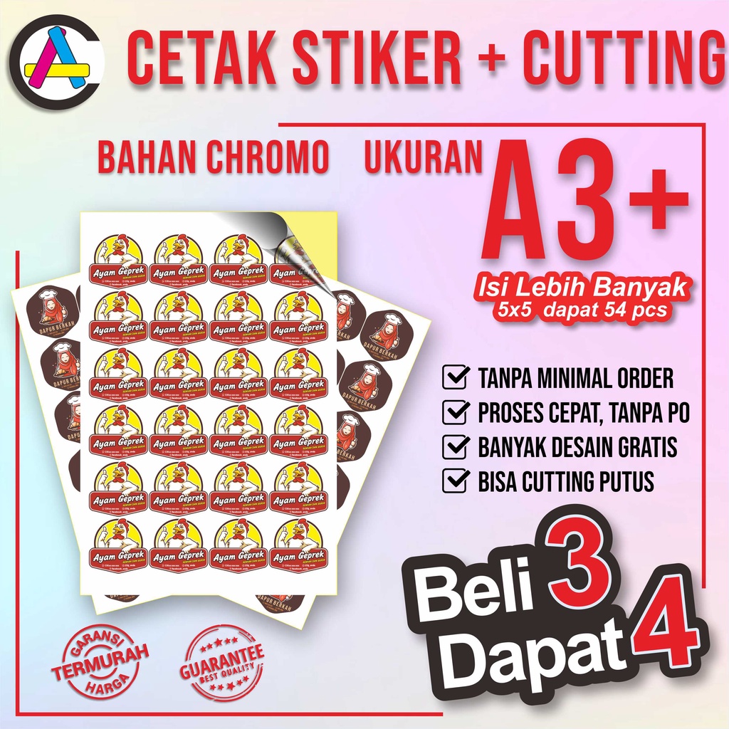 

[Beli 3 dapat 4] Stiker A3 plus Chromo Bontak Cutting Custom Laminasi Label Kemasan Makanan Minuman Skincare Ulang tahun pernikahan Murah free desain