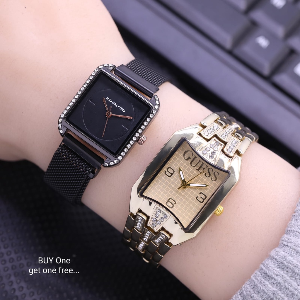 Buy One Get One-Jam Tangan Wanita MK+Guess Model Analog Body Kotak Rantai Pasir Plus Box Kancing Dan