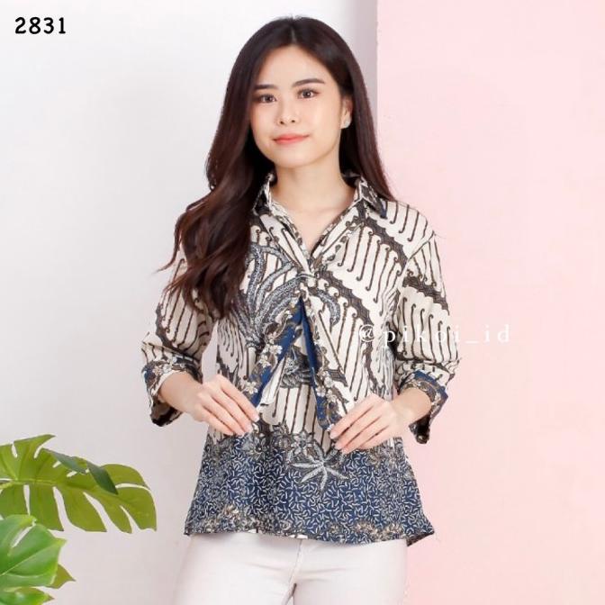 Atasan batik wanita modern / baju batik syal leher kerah dasi batik