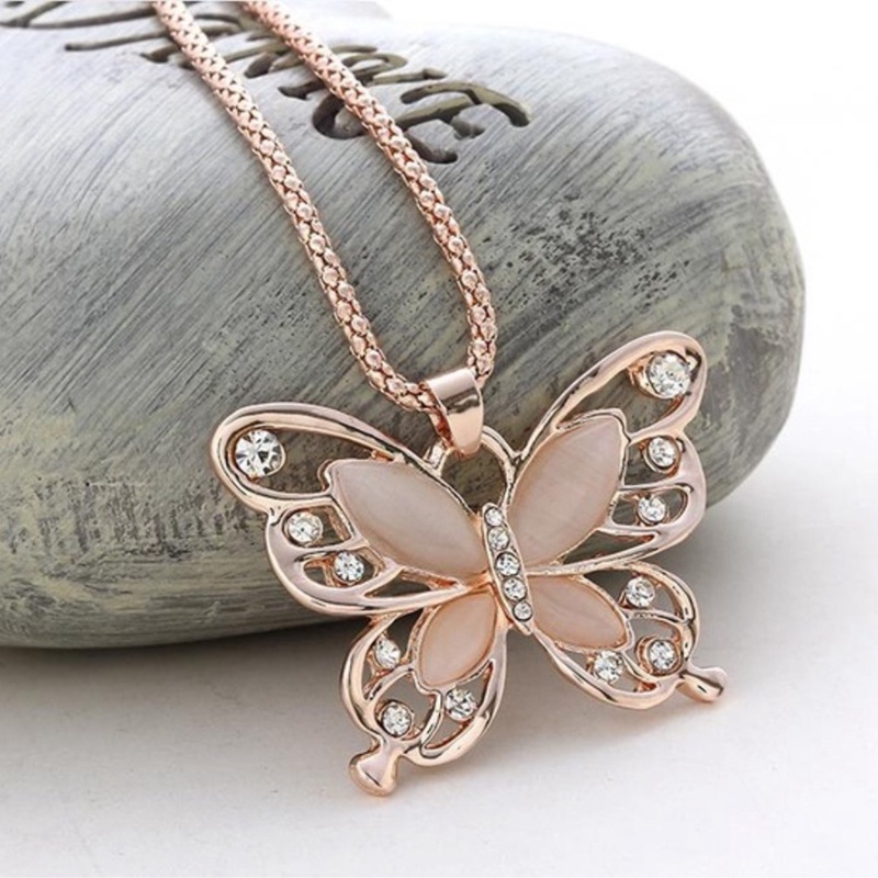 Fancyqube Fancycube Kalung Liontin Kupu-Kupu Opal Warna Rose Gold Untuk Wanita
