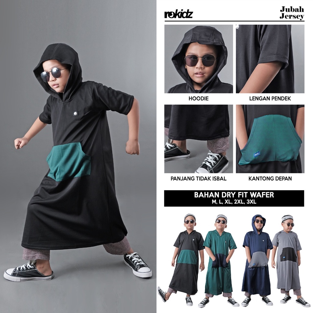 ROKIDZ-JUBAH GAMIS ANAK LAKI-LAKI LENGAN PENDEK JUBAH ANAK HOODIE UMUR 4-12 TAHUN BY ROSAL