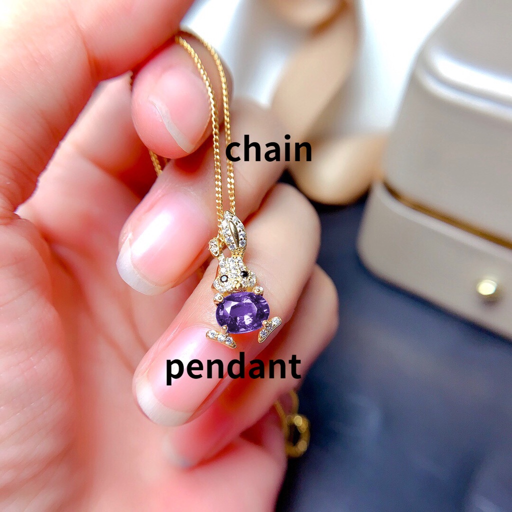 Goldkingdom Perhiasan Fashion 24K Bangkok Aksesoris Ready Stock Berlapis Emas Asli Kadar 375 18k Amethyst Kelinci Lucu Liontin Micro Berlian Rabbit Cincin Wanita Set