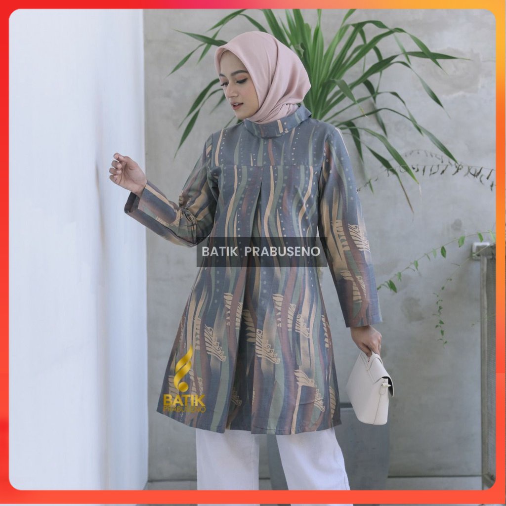 BINAR Tunik Atasan Baju Batik Wanita Lengan Panjang Original Prabuseno Modern Premium Jumbo Big Size