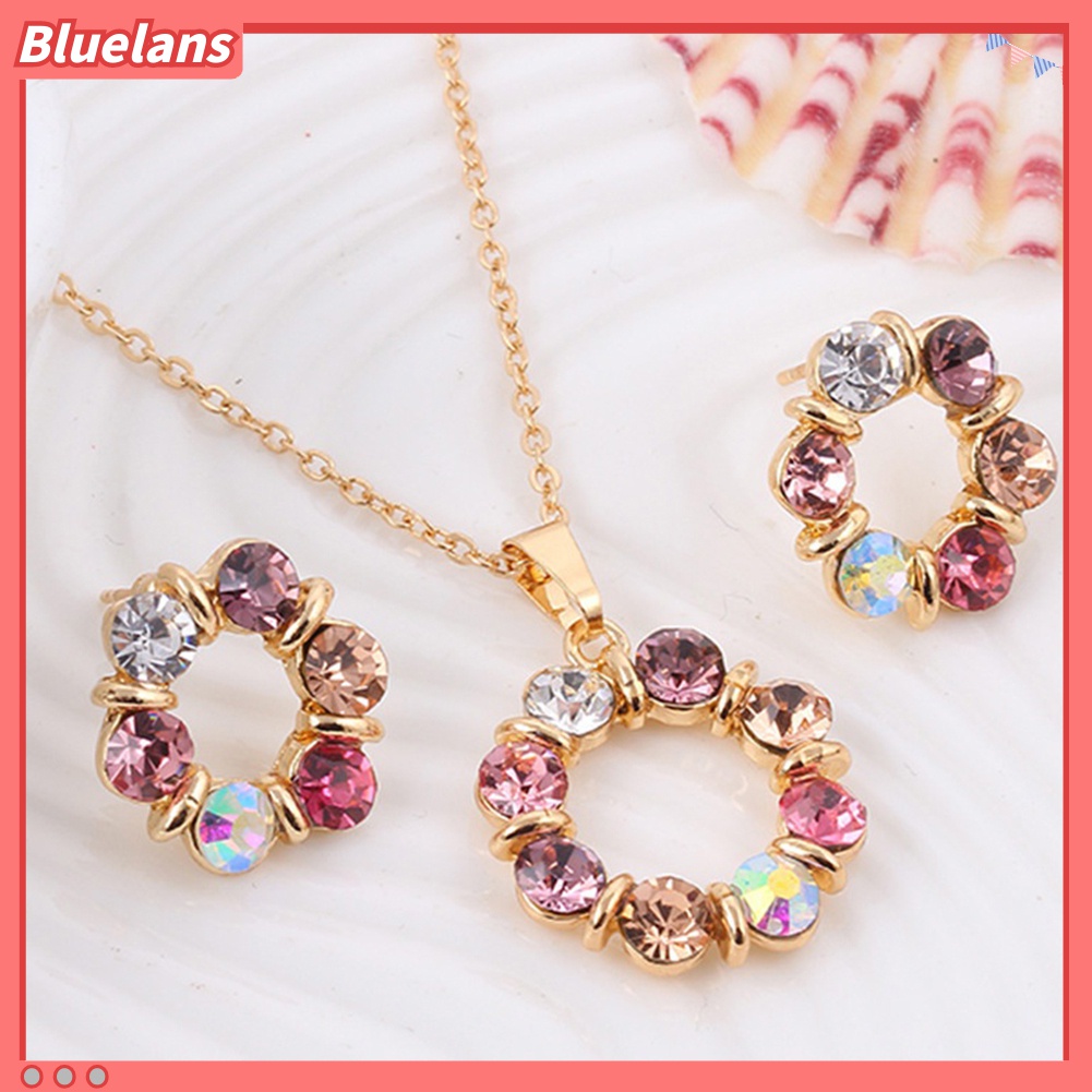 Set Perhiasan Kalung Anting Stud Berlian Imitasi Bentuk Lingkaran Warna-Warni Untuk Wanita