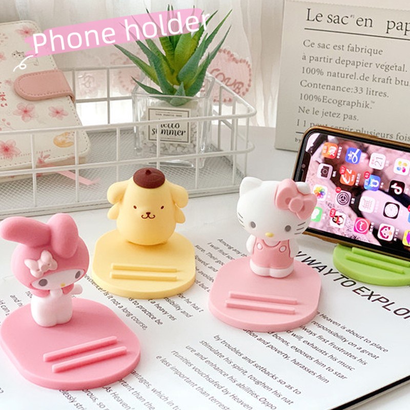 Bracket Dudukan Handphone Anti slip Motif Kartun Sanrio Hello Kitty Melody Pom Pom Purin Frog