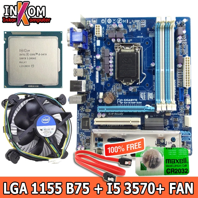 Paket Mainboard Mobo Motherboard B75 Socket 1155 Plus i5 3570