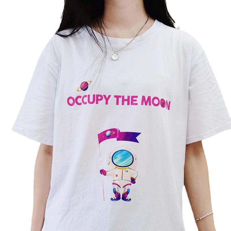 [littlecrab] Kaos Oversize Occupy The Moon Astronot Planet Bulan Bendera Saturnus Luar Angkasa Sablon Berkualitas Hitam Putih Pink T-shirt Couple Unisex Lembut Unik Korean Style