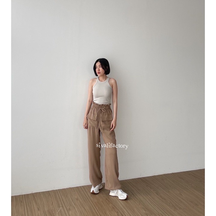 Hanna Pants - Celana Kulot Highwaist Crinkle Double Pocket - Celana Wanita - Cullote Pants - Celana Pinggang Karet - SJJ / Laura Pants