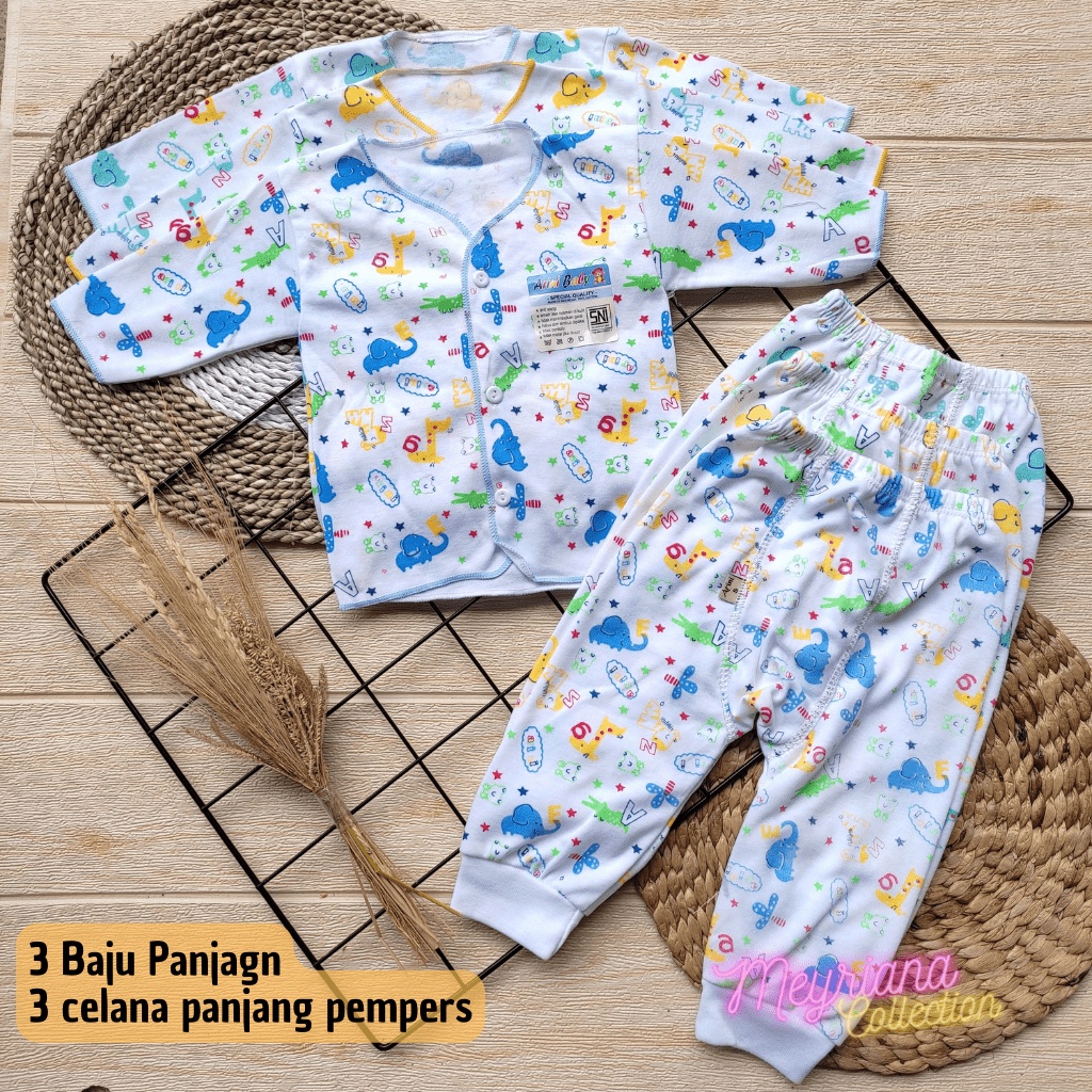 6 PCS Baju Celana Bayi Baru Lahir Setelan 3 Baju Bayi Panjang 3 Celana Panjang Pempers Bayi Newborn 0 - 3 Bulan Meyriana Collection