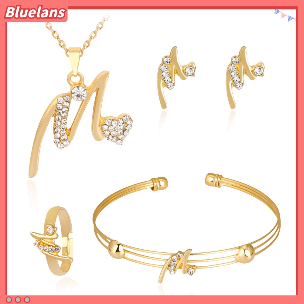 Bluelans KC Gold Plated Rhinestone Heart M Letter Pendant Necklace Ring Bangle Earrings