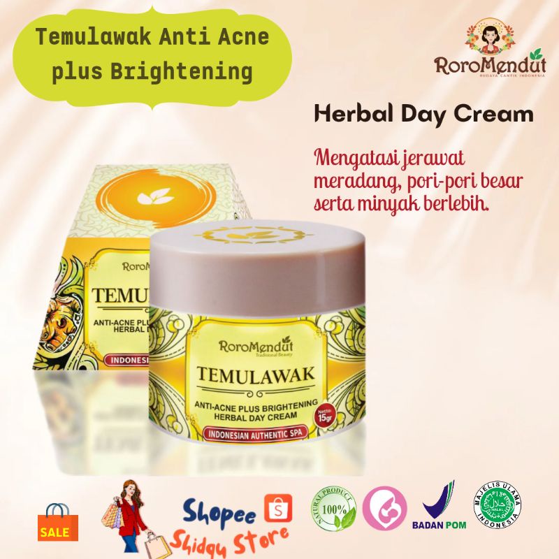 ROROMENDUT TEMULAWAK ANTI ACNE PLUS BRIGHTENING HERBAL DAY CREAM |  ANTI JERAWAT UNTUK WAJAH PUTIH D