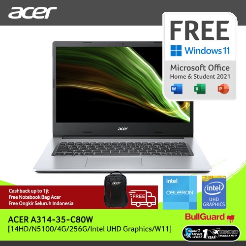 ACER LAPTOP ASPIRE 3 SLIM A314-35-C80W 14"HD INTEL CELERON N5100 RAM 4GB STORAGE 256GB SSD GRAPHICS 