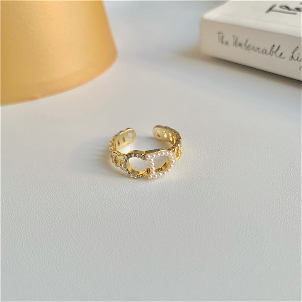 【COD Tangding】Cincin Jari Telunjuk Desain Gelombang Aksen Mutiara Berlian Gaya Korea Untuk Wanita