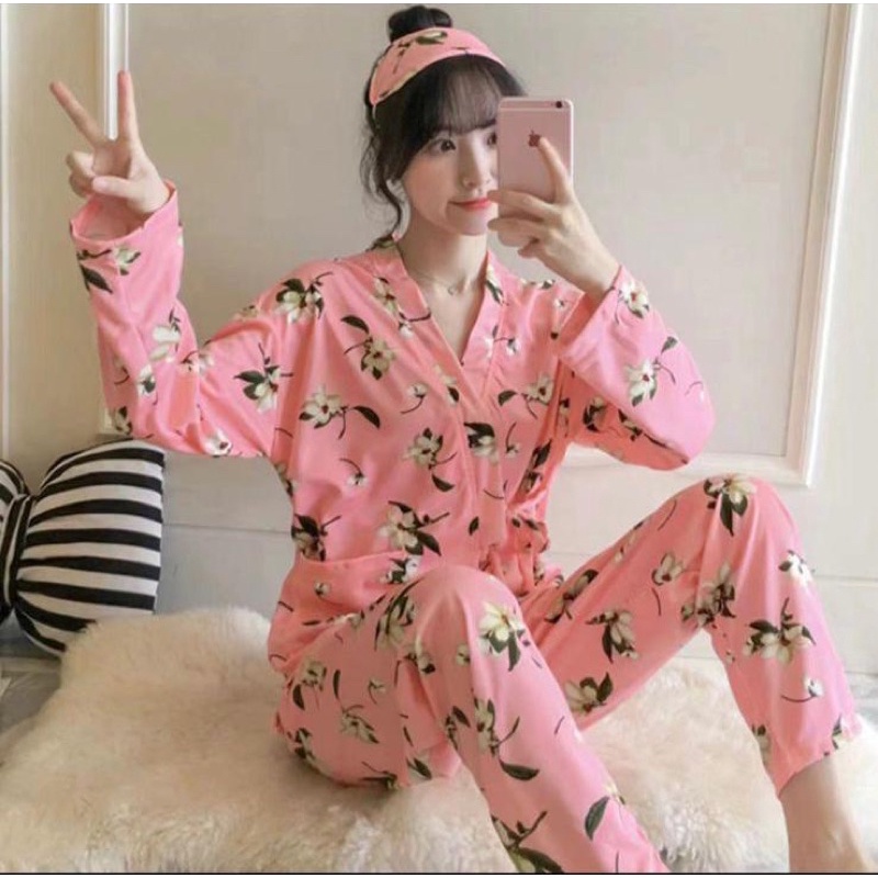 Bisa COD kimono premium lengan panjang celana panjang/kimono wanita kekinian/set baju tidur kimono