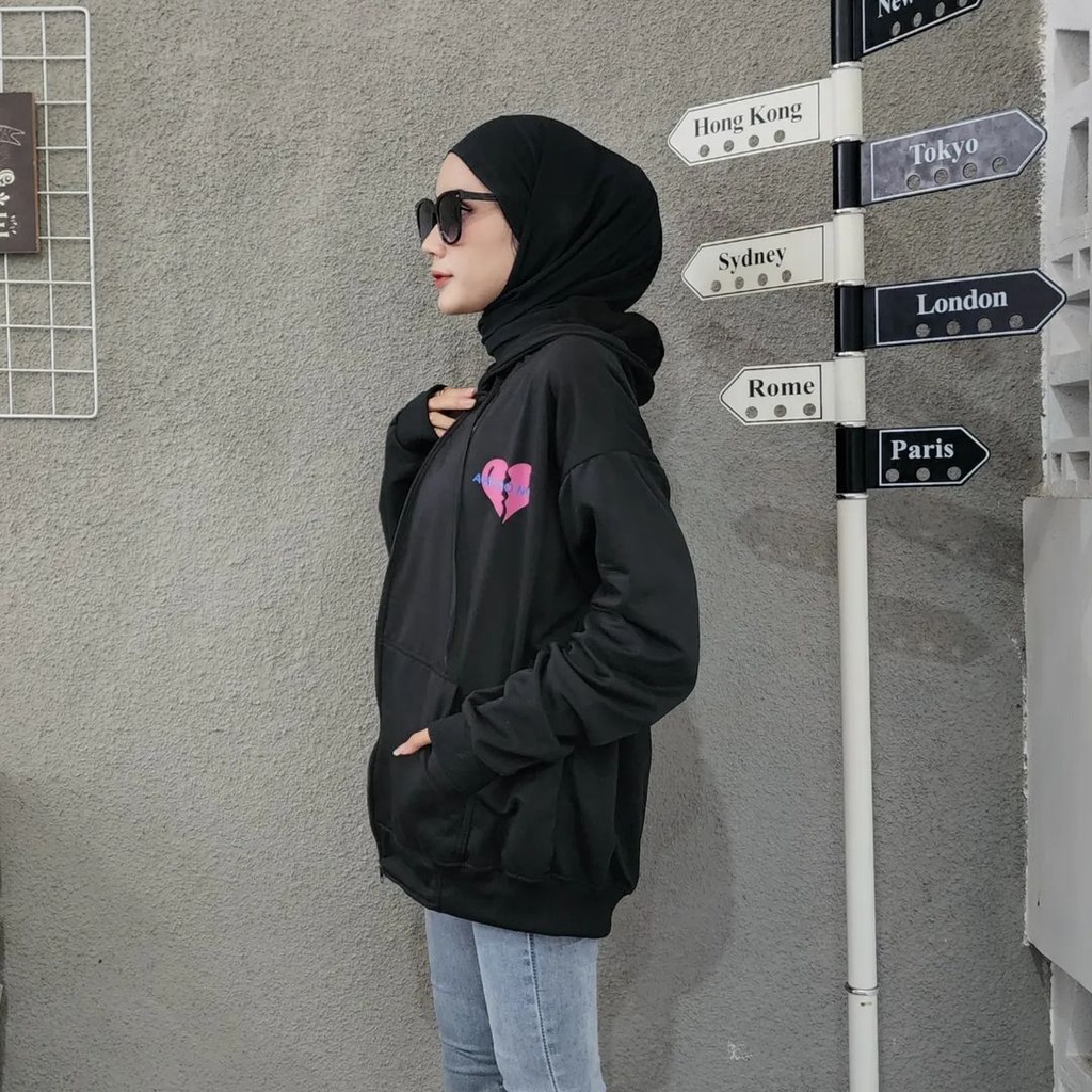 ARGOO NOS LOVE 2XL Hoodie Zipper Bigsize Wanita Oversize Jacket Sweater Kekinian Fashion Ala Korean Kasual Style