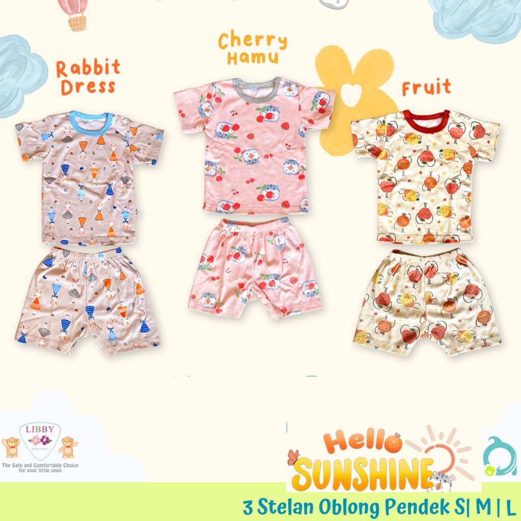 LIBBY 3 Setelan ( 3 Baju &amp; 3 Celana) Panjang / Pendek / Kuntung # Motif  Hello Sunshine # Size S / M / L