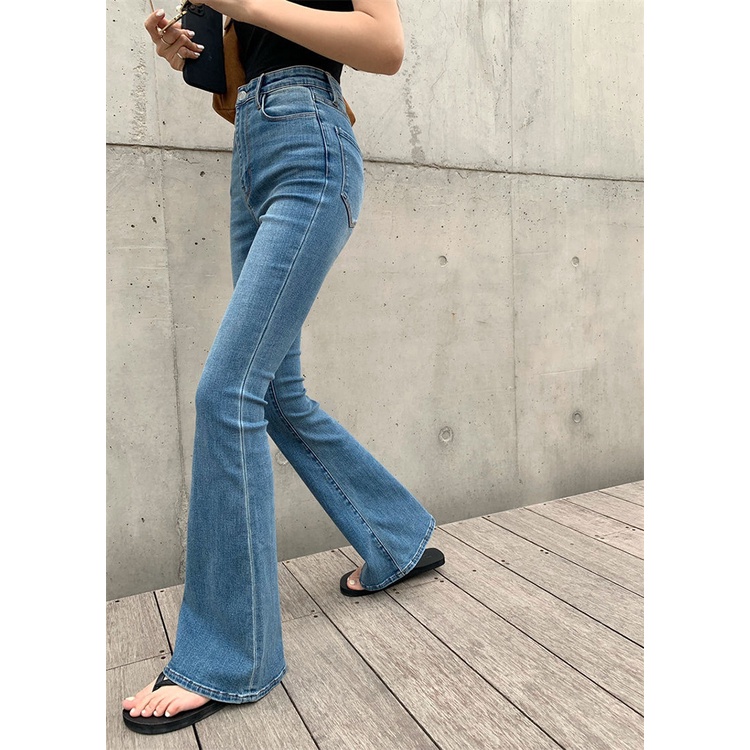 Celana Jeans Wanita Baru Slim Fit Pelangsing Pinggang Tinggi Lebar Kaki Celana Panjang