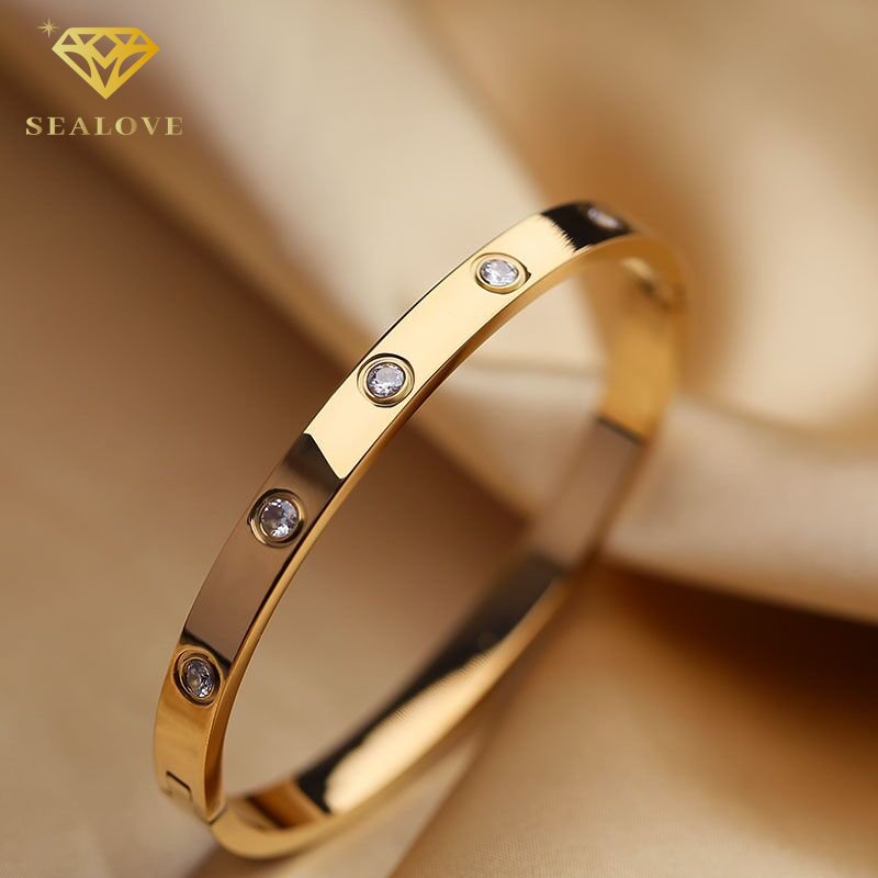 Gelang Tangan Titanium Wanita Berlian Premium Lapis Emas 18K Bulat Anti Karat Bangle Korea Perhiasan