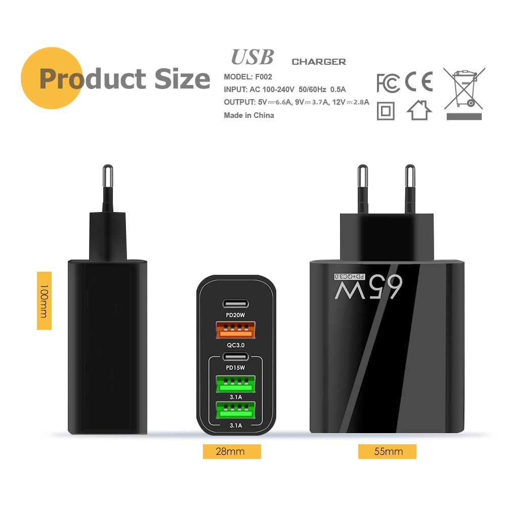 Adapter Charger 5 Port USB 3.0 65W PD Untuk Iphone 14 13 Pro Max Android Adoptor