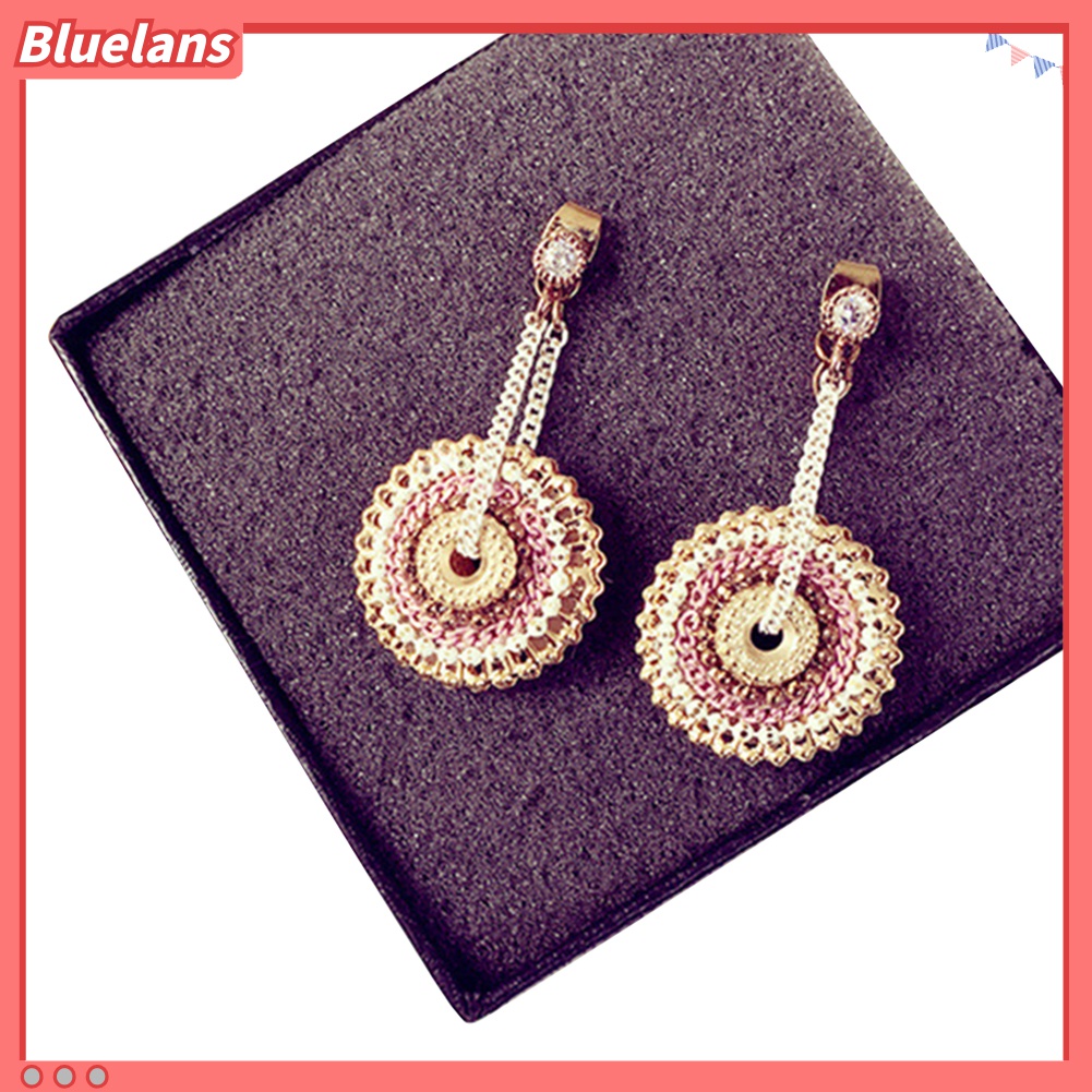 Anting Tusuk Gantung Desain Bulat Hias Berlian Imitasi Gaya Bohemian Handmade Untuk Wanita