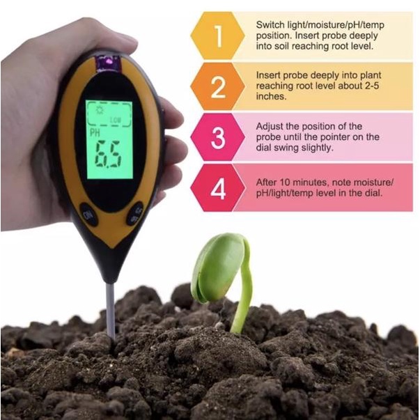 Harga termurah Alat Tester Tanah 4in1 PH Soil Meter Moisture Temperature Sunlight 4 in 1 for Plants with LCD 7DE