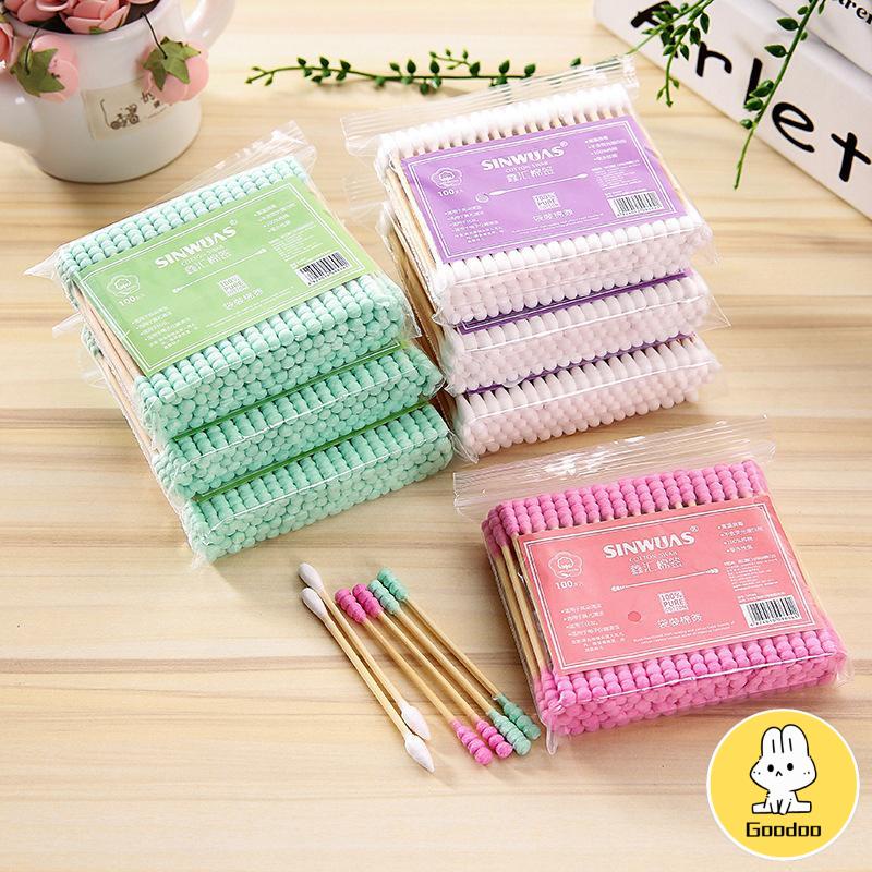100pcs Cotton Swabs Pack Baby Thin Cotton Bud Berwarna Ganda-Spiral Ujung Kapas  Sanitary Cotton Swab Small -SO -Doo