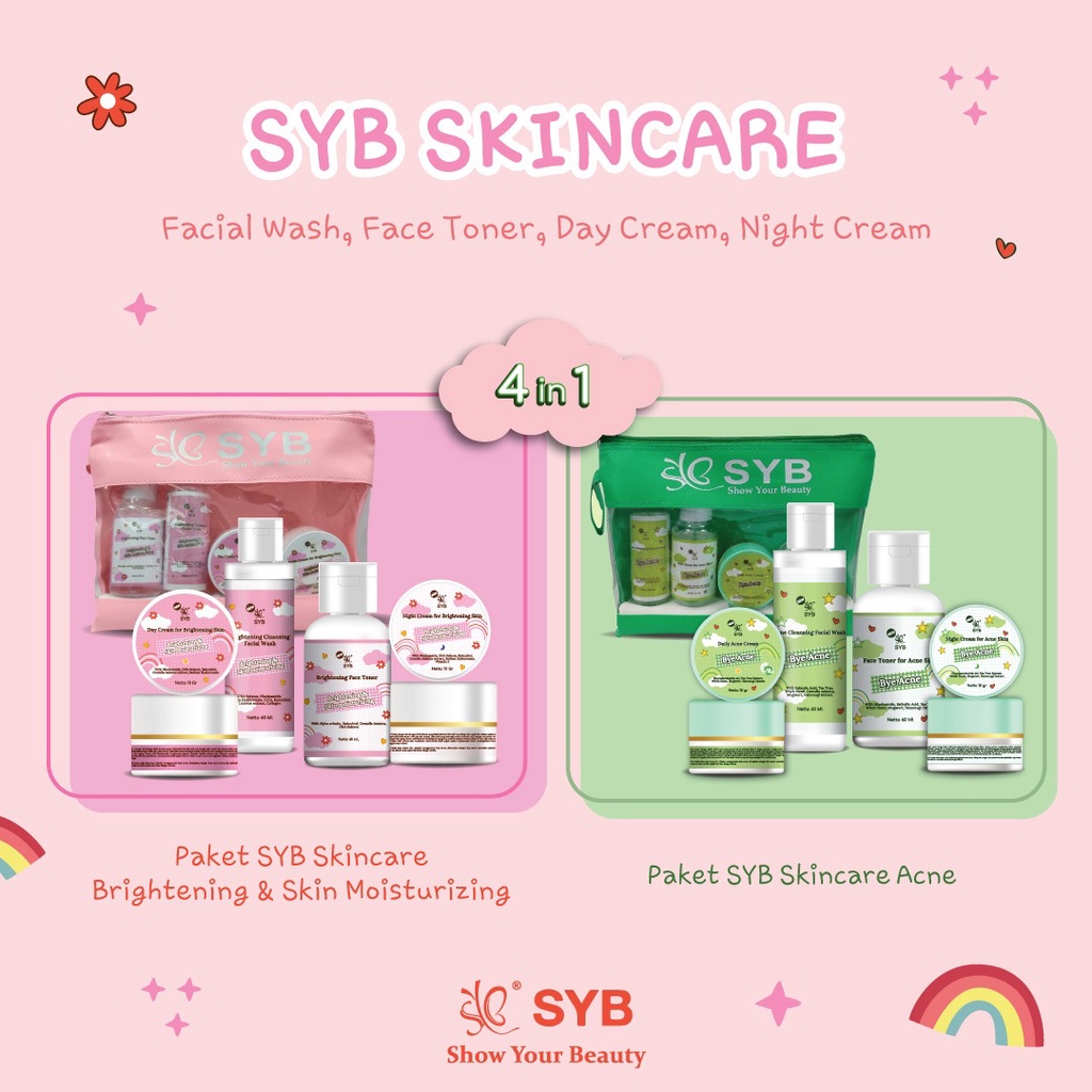 SYB SKINCARE PACK 4IN 1 - Syb Brightening &amp; Skin Moistturrizing / Bye Acne BPOM