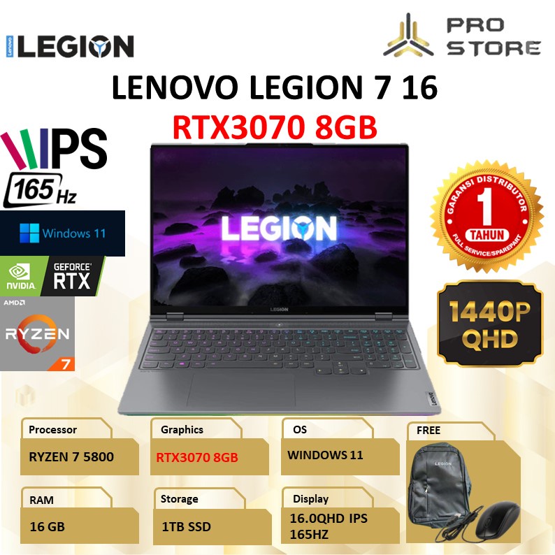 LAPTOP GAMING LENOVO LEGION 7 16 RTX3070 8GB QHD IPS 165HZ RYZEN 7 5800 RAM 16GB 1TB SSD W11