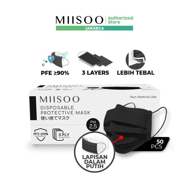 MIISOO Disposable Masker Hitam 50pcs / Box Masker Kesehatan 3ply Masker Wajah Earloop Izin Resmi BNP