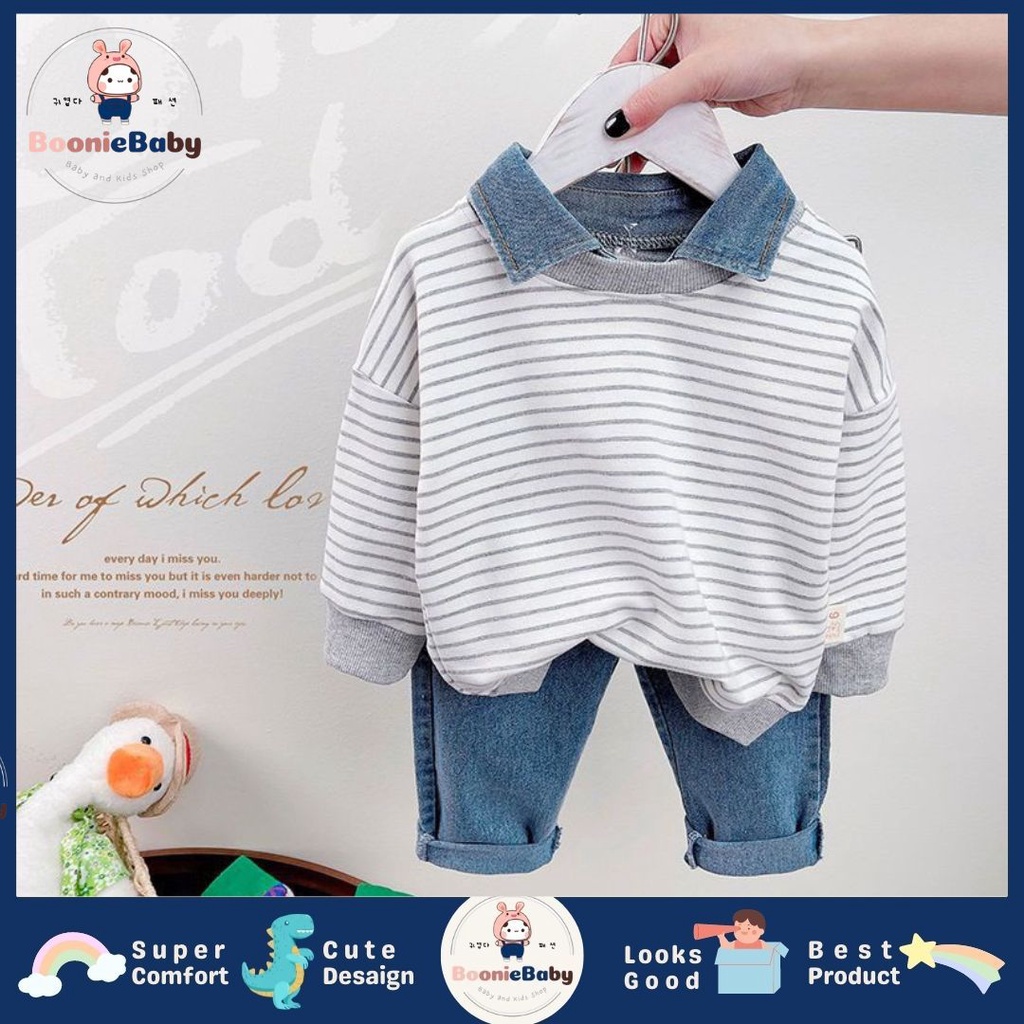 boonie COD setelan anak laki laki import setelan 3pcs kaos motif garis kemeja celana panjang anak laki laki fashion import by korea setelan baju cowok import baju kids pria fashion JEANS EDWARD