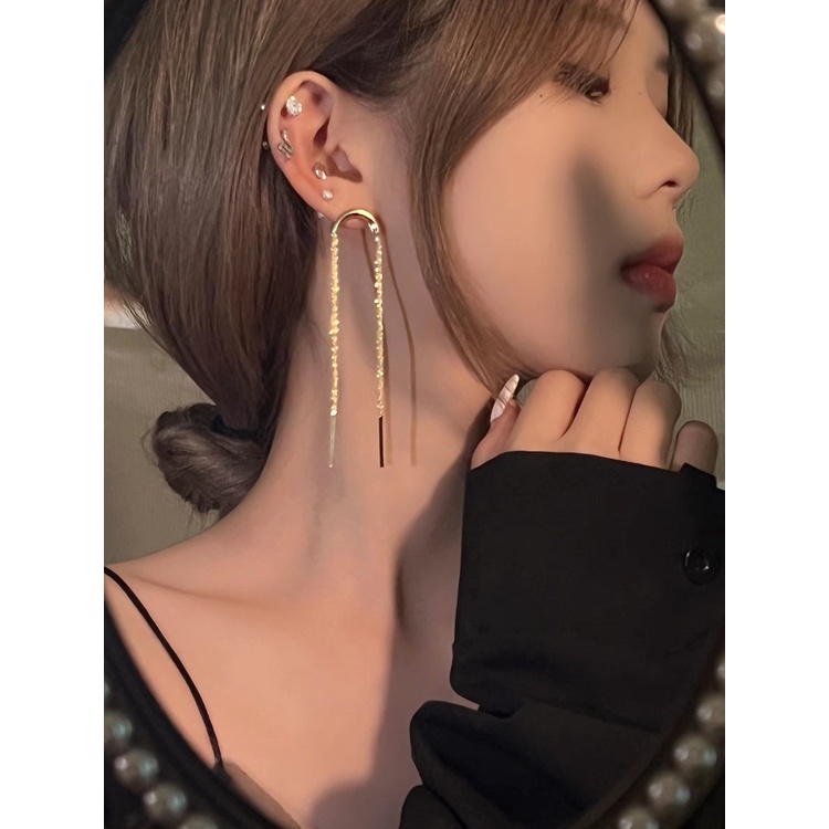 Anting Rumbai Panjang Bentuk U Bahan Silver Needle Gaya Korea Untuk Wanita