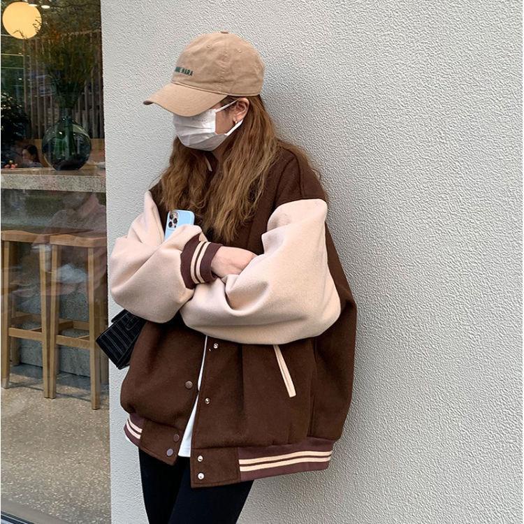 [littlecrab] Jaket Oversize Coklat Moka Polos List Stripe Jacket Couple Unisex Jaket Baseball Varsity Simple Elegan Two Tone Import Kancing Jepret Berkualitas Korean Style