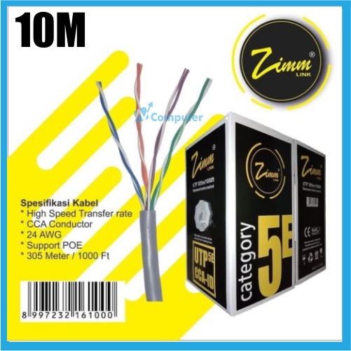 KABEL LAN ZIMLINK SIAP PAKAI 10M CAT 5e / KABEL UTP 10 METER HIGH QUALITY FREE RJ-45 DAN PLUGBOOT